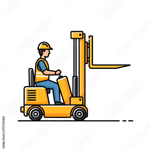 An industrial worker wearing a hard hat and safety vest operates a yellow forklift vehicle.
