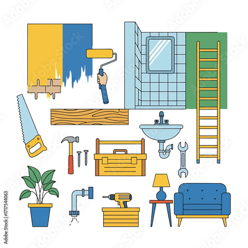 Illustration of home renovation tools and bathroom elements.