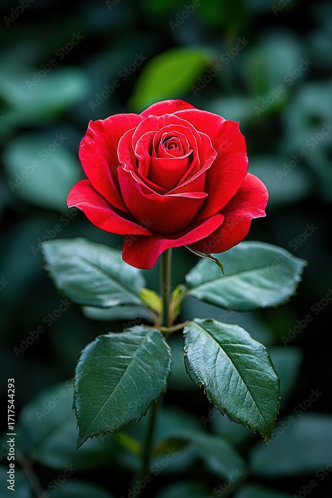 Naklejka premium A vibrant red rose with lush green leaves, symbolizing love and beauty in a serene garden setting.