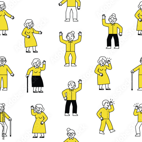 Vector art of seamless pattern of diverse people in yellow outfits