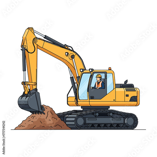 Illustration of a construction worker operating a yellow excavator, digging a pile of dirt on a white background.