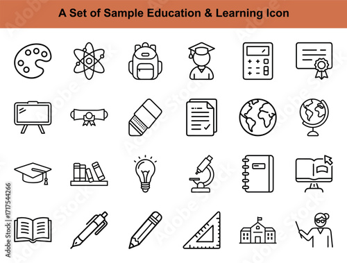 Outline representations depict various school supply icons, conveying aspects of learning and education
