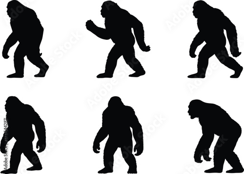 Bigfoot Silhouette Vector Set Showing Walking Poses in Two Rows for Cryptozoology, Folklore, Paranormal Themes, and Animation Frame Design