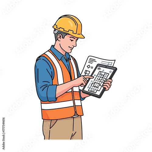 A male construction worker wearing a hard hat and safety vest reviews building plans on a tablet.