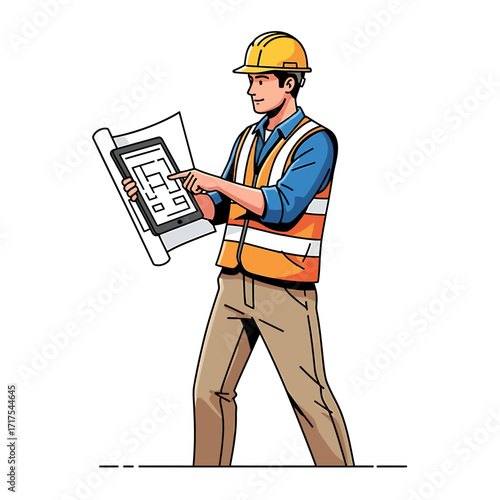 A construction worker in a hard hat and safety vest reviews blueprints on a tablet.