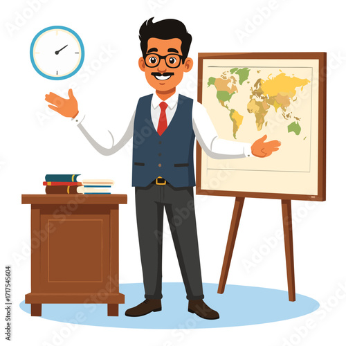 Illustration of a teacher standing next to a world map and a desk.