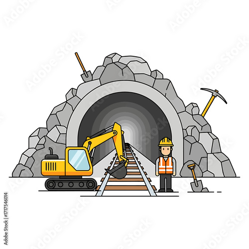 Illustration of a construction worker, excavator, and tunnel entrance.