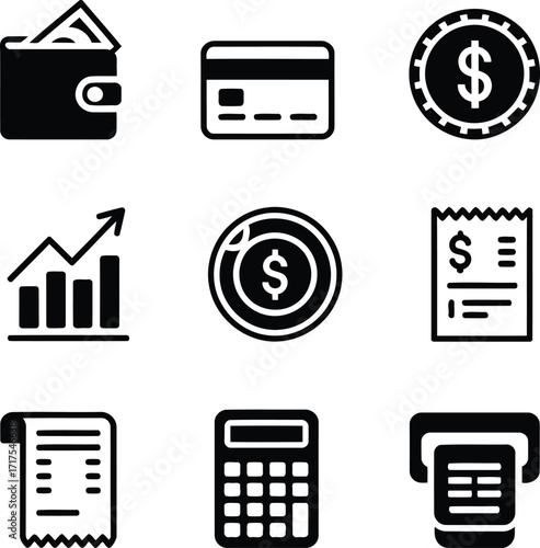 Financial Management and Accounting Icons for Business and Personal Use Illustrating Transactions, Data Analysis, and Payment Methods Including Cash, Credit, and Accounting