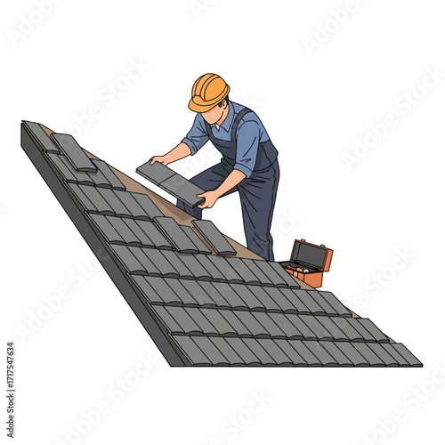 Vector illustration of a professional roofer in a hard hat installing new slate tiles on a sloped roof.