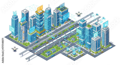 Conceptual illustration of a futuristic smart city with advanced infrastructure, autonomous transport, and renewable energy
