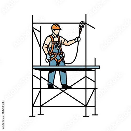 Construction worker on scaffolding using safety equipment.