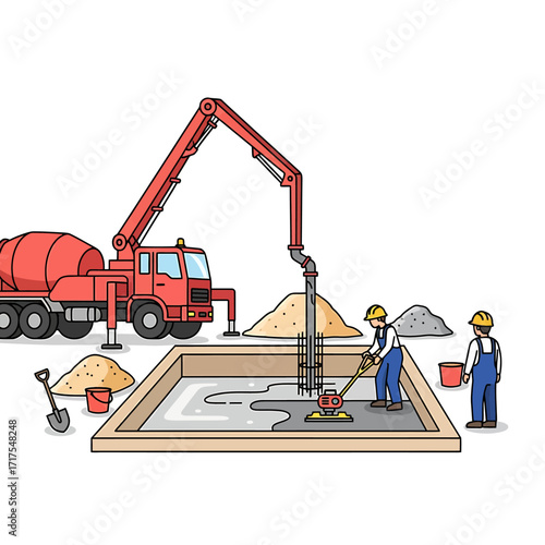 Illustration of construction workers pouring a concrete foundation using a pump truck and smoothing the surface with a power trowel.