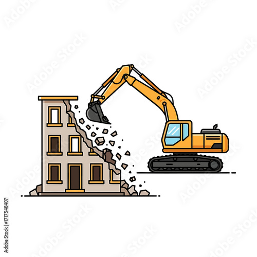 An excavator demolishes a building, showing the process of destruction and construction.