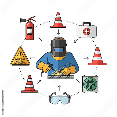 Welder at work with safety equipment and precautions.
