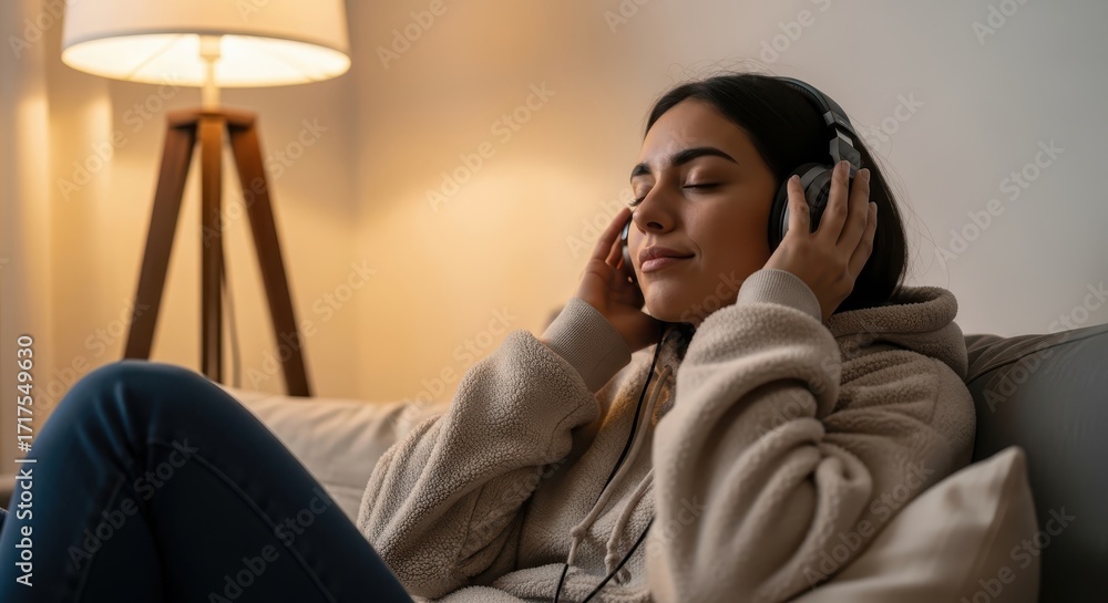 Obraz premium Young woman enjoying music while sitting on a sofa in a cozy room 