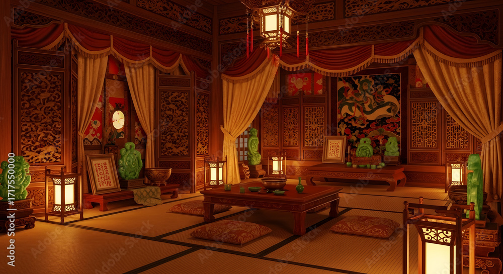 Obraz premium Experience the serene traditional elegance of an ornate Asian interior, with intricate wooden screens, warm lantern glow, and a magnificent cultural tapestry, evoking peace and luxury