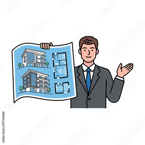 Businessman presenting building architectural blueprints.