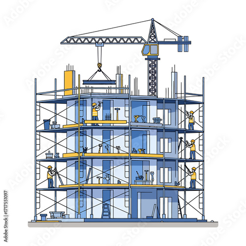 Modern building construction site with a tower crane, scaffolding, and workers building a multi-level structure.