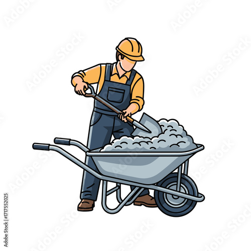 Construction worker loading a wheelbarrow with concrete mix.