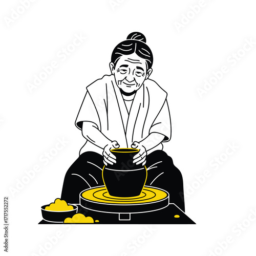 Vector art of elderly woman making pottery on a wheel