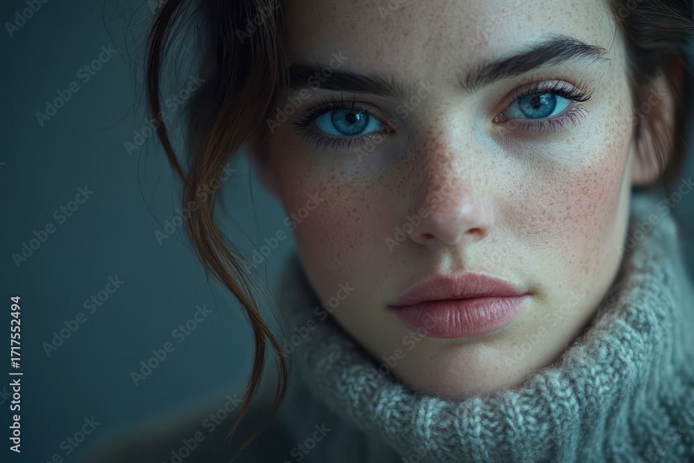Fototapeta premium Serious young woman with freckles in studio