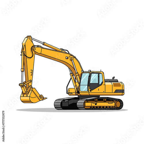 Illustration of a yellow excavator with a bucket on a white background.