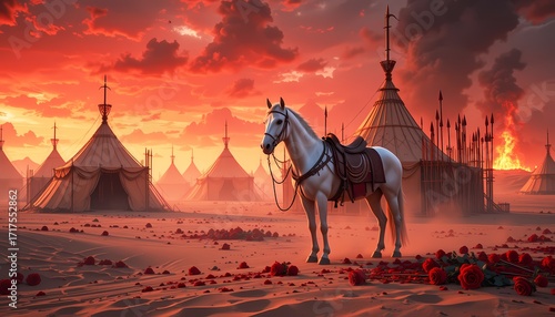 Full HD Dramatic Karbala War Scene with Burning Tent and Lone Wounded Running Horse on red desert through the burning.