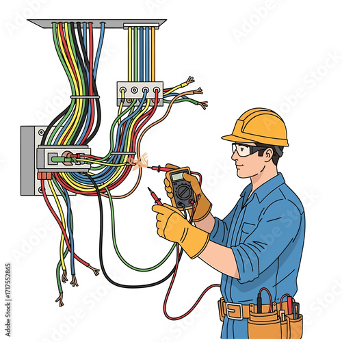 Electrician working on a complex wiring system.