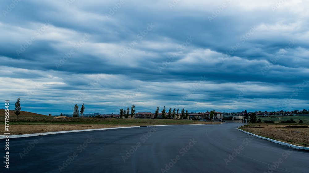 Fototapeta premium Empty Asphalt Road Under Cloudy Sky, Panoramic View, Natural Ambient Light, f/5.6, Serene and Open Landscape with Subtle Depth