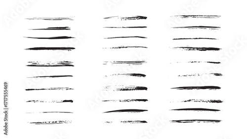 Set of thin black stripes with grunge style, hand drawn ink lines, grunge element for design, stripes with noise with thin brush, paintbrush vector collection, abstract geometric straight brush