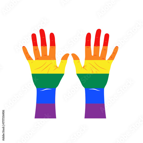 Vibrant rainbow hands raised in joyful pride, celebrating diversity and inclusion with love and equality