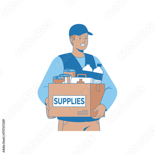 Caring volunteer delivering essential supplies for community support and disaster relief effort