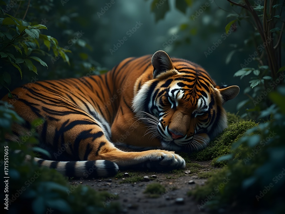 Obraz premium Tiger’s Midnight Dream: A close-up shot of a Bengal tiger sleeping soundly on mossy ground in a dense jungle, capturing its striking stripes and soft breathing in moonlight.