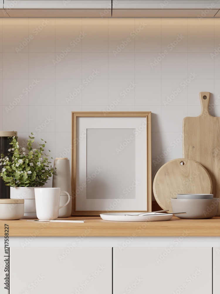 Obraz premium Frame Mockup in Modern Minimalist Kitchen Interior Background – 3d Render
