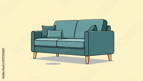 A modern teal sofa with accent pillows, set against a soft yellow background, ideal for interior design