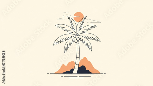 A serene illustration of a palm tree on a tropical island at sunset, evoking relaxation and tranquility