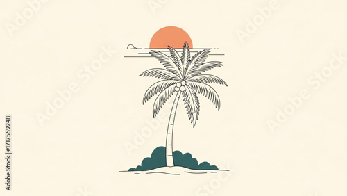 A serene sunset scene featuring a palm tree silhouetted against a warm horizon, evoking tranquility