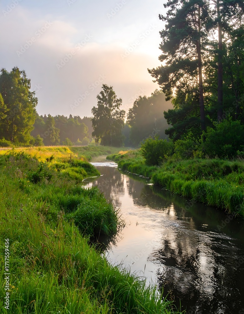 Obraz premium Serene morning landscape by a river