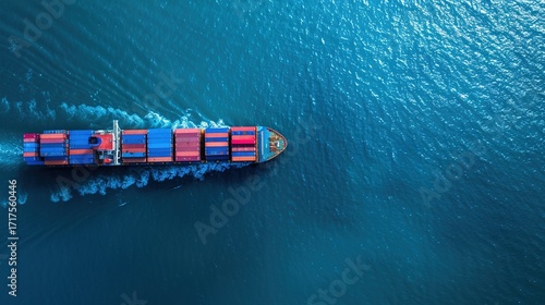 An aerial view of an ocean-going container ship sailing across the azure ocean showcases the global trade and maritime shipping industry in full swing.
