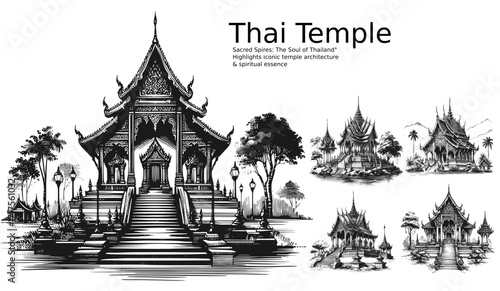 Thai Temple line art drawing sketch vector hand drawn illustration svg