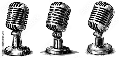 Mic Check Podcast microphone classic vintage linework ink sketch hand drawn pen drawing vector