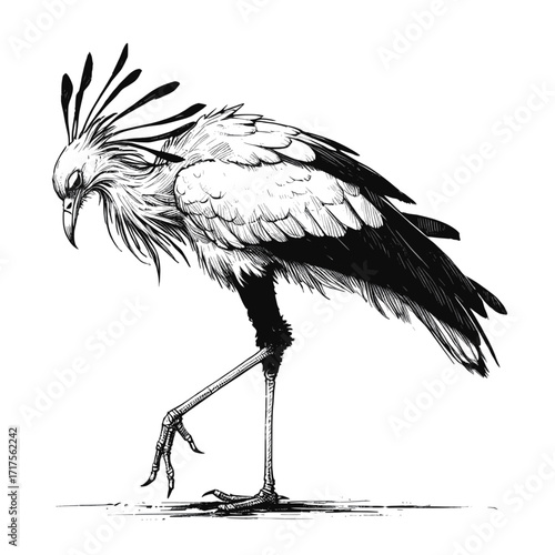 Secretary Bird line art drawing ink sketch vector hand drawn illustration 