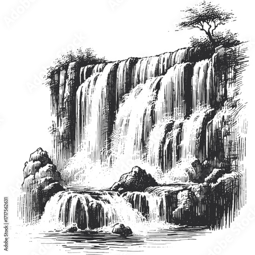 Line art drawing of waterfall nature landscape ink sketch vector hand drawn illustration , where earth meets sky
