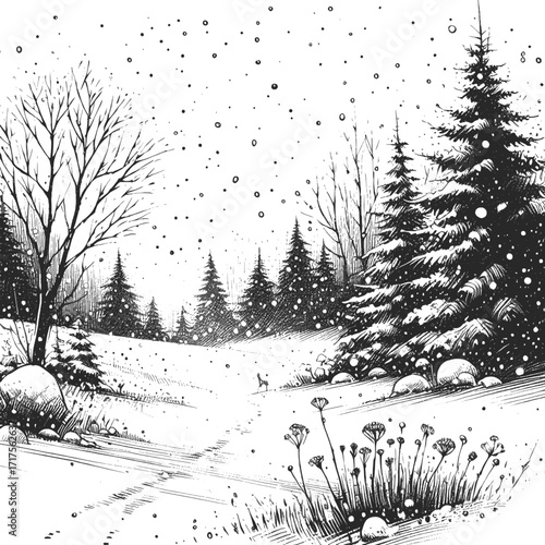 Line art drawing of snow winter nature landscape ink sketch vector hand drawn illustration , arctic elegance: snowy peaks and valleys