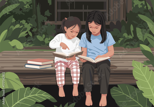 Two young girls reading books together outside in nature, sharing knowledge and enjoying their hobbies