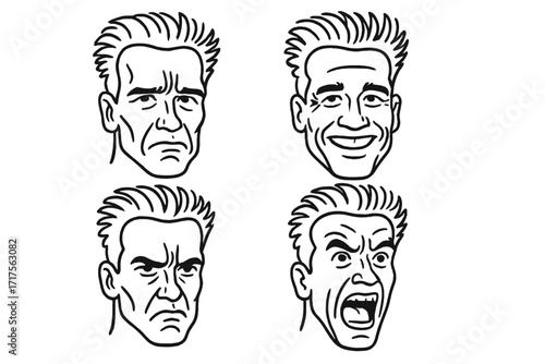 Man face caricature set with emotional expressions. Vector line art illustration of a famous actor. Sad, happy, angry, and screaming faces. Bodybuilder. Strong masculine head.
