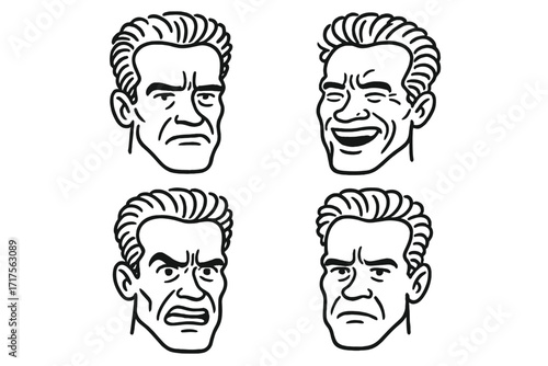 Man face emotions caricature set. Famous actor celebrity expressions. Hand drawn vector line art. Happy, angry, sad, neutral cartoon faces. Doodle portrait illustration people.