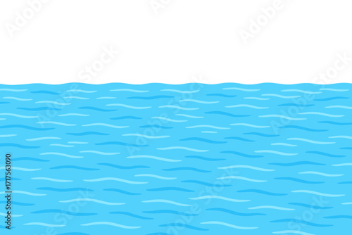 Azure shining water surface panoramic background. Vector flat hand drawn sea ripple. Abstract blue waves summer backdrop. Cartoon illustration with white copy space for text.
