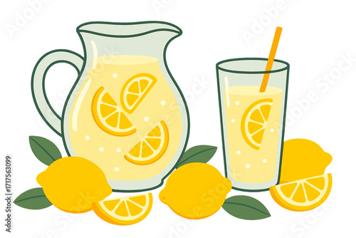 Homemade lemonade in jug and glass. Fresh citrus summer drink with lemon slices. Refreshing cold beverage concept vector illustration. Still life with juicy bright fruits.