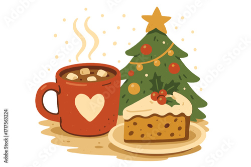 Cozy Christmas retro vector poster. Hot cocoa mug with marshmallows, sweet cake by the decorated tree. Hand-drawn winter season holiday background. Festive Xmas food and drink.